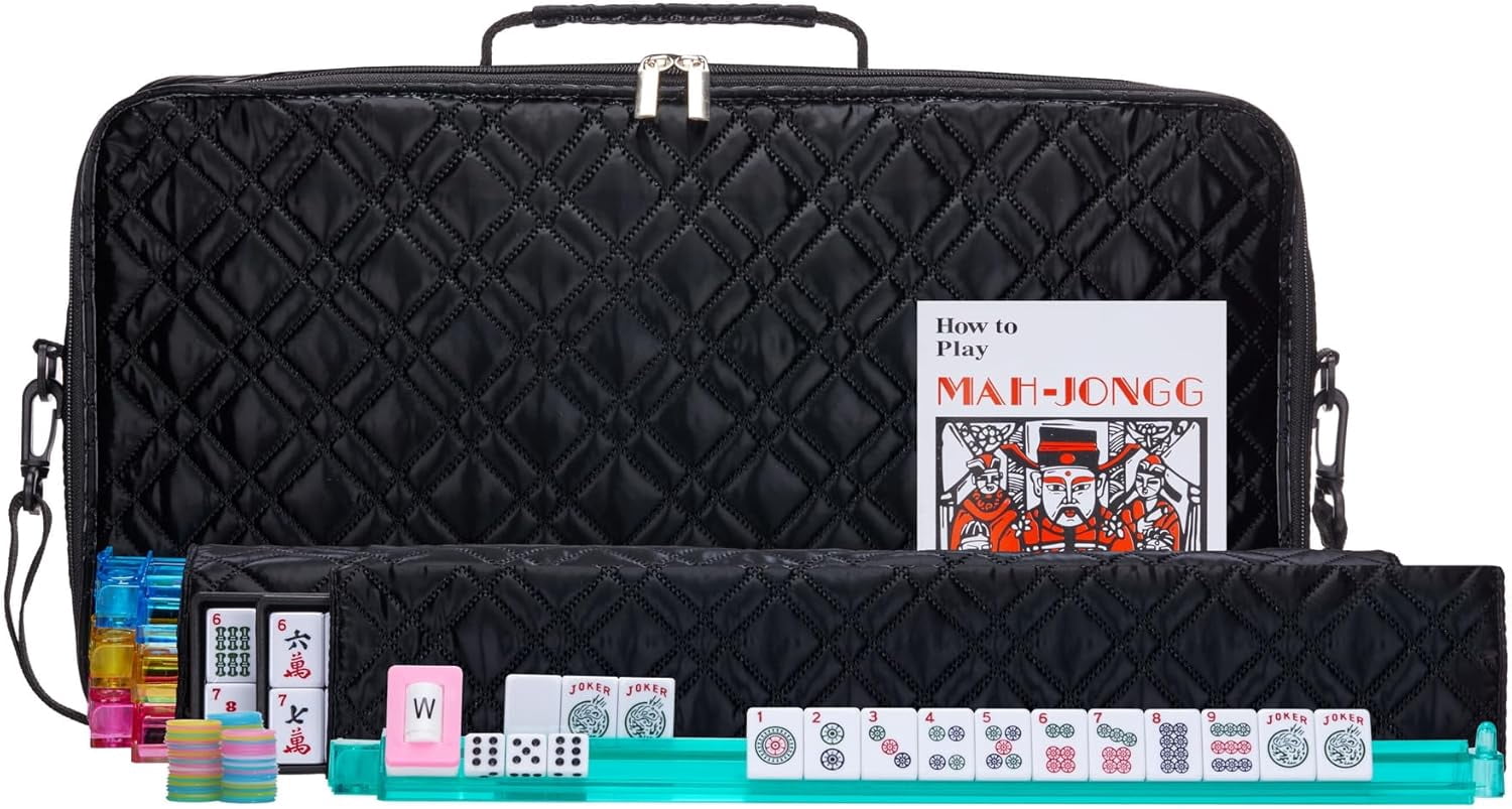American Mahjong Set “Black - Quilted PU Leather Carrying Bag with Shoulder Strap & Handles, All-in-One Tile Racks with Pushers, 166 Engraved Tiles, Dice, Bettor, Extra Tiles & Instructions