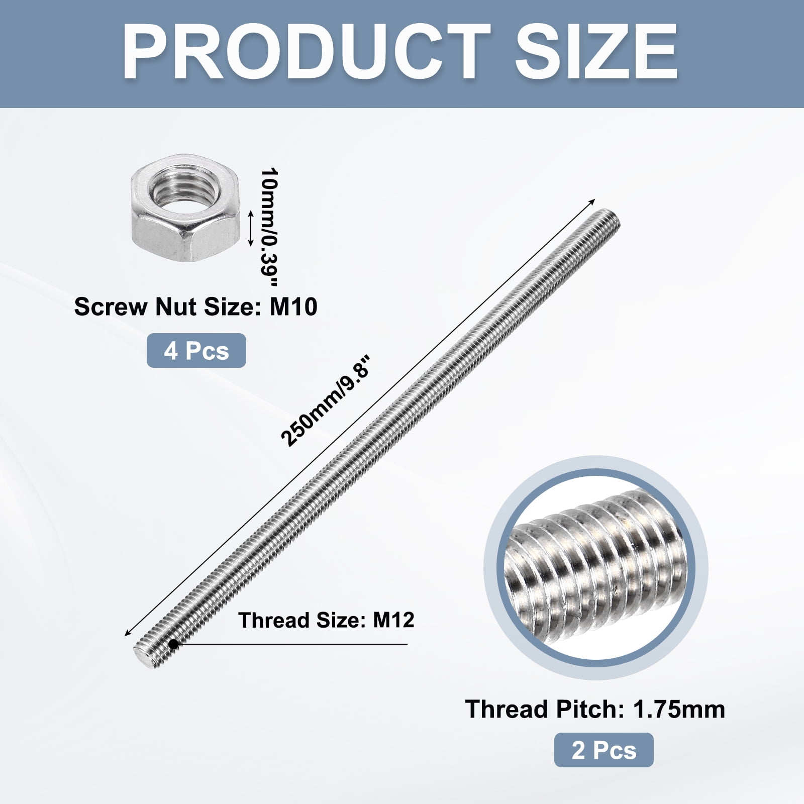 Uxcell Fully Threaded Rod M12 x 250 1.75mm Pitch 304 Stainless Steel With Screw  2Pcs