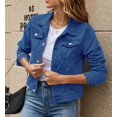 thumbnail image 1 of Chaquetas vaqueras ajustadas para mujer, abrigo informal de manga larga con solapa, botones y bolsillo en el pecho, color liso, moda de otoño, 1 of 4