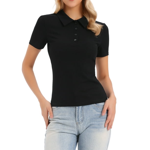 INSPIRAR CHIC Camisetas Polo de Manga Corta para Mujeres con Cuello en V y Botones Tejido Casual XL Negro