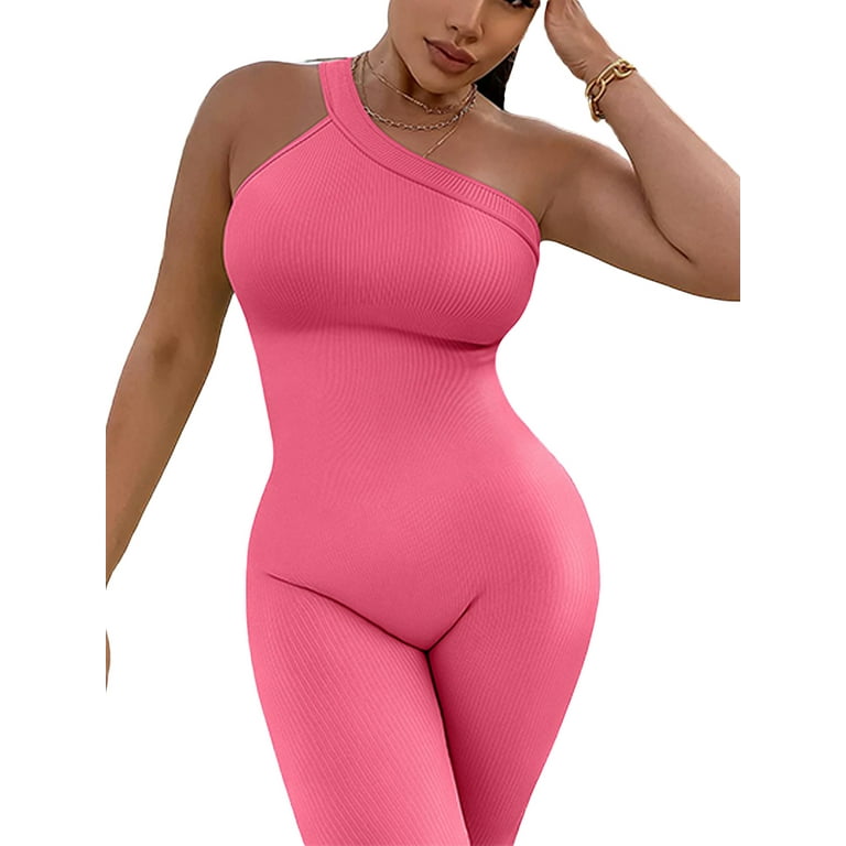 Aunavey Women's Yoga Rompers Ribbed One Piece Tummy Control Jumpsuit One  Shoulder Romper