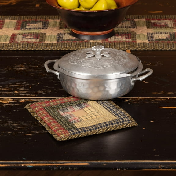 VHC Brands Tea Cabin Rustic Pot Holder Green Fabric Loop Patchwork Cotton Square Kitchen Table Decor