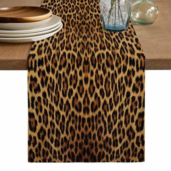 Brown Leopard Print Table Runner, Classic Abstract Animal Patterned Washable Cotton Linen Table Runners 90 Inches Long, Dresser Scarf Runner for Dining/Coffee/Kitchen/Hallway Tables 13''x90''