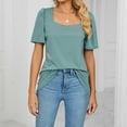 thumbnail image 4 of safuny Women's Trendy Loose Basic Tops Solid Tops Short Sleeve Tees Square Neck Shirts Pleated Vintage Clothing Fashion Summer Green M, 4 of 6