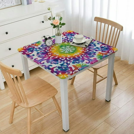BANET Ethnic Tablecloth, Abstract Ombre Vivid Rainbow Colored Mandala Tie Dye Effect Flower Hippie Print, Rectangular Table Cover for Dining Room Kitchen Decor White