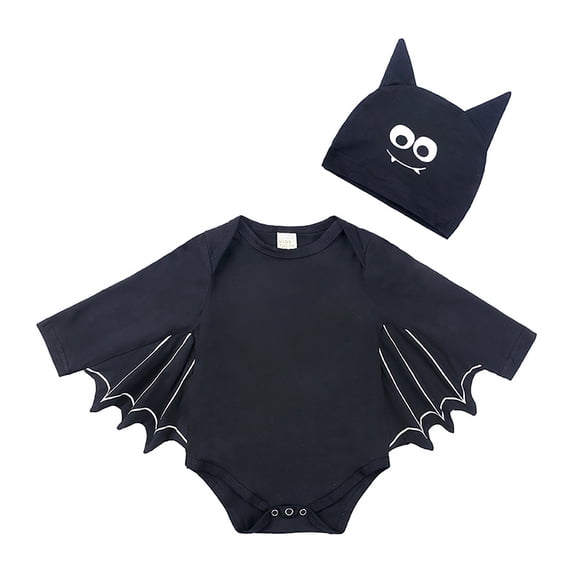 CONZONE Halloween Bat Romper for Boys Striped Long Sleeve Hallowmas Jumpsuit with Hat for Kids Funny Child Onesie Size 18-24 Months