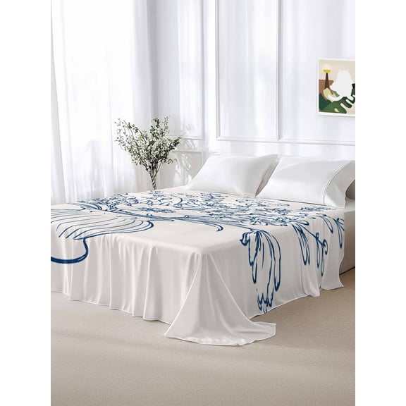 California King Size Flat Sheet Only,Minimalist Blue Wildflowers Soft Top Bed Sheets Breathable Bedding Sheet Country Striped Vase Microfiber Hotel Luxury Top Sheets
