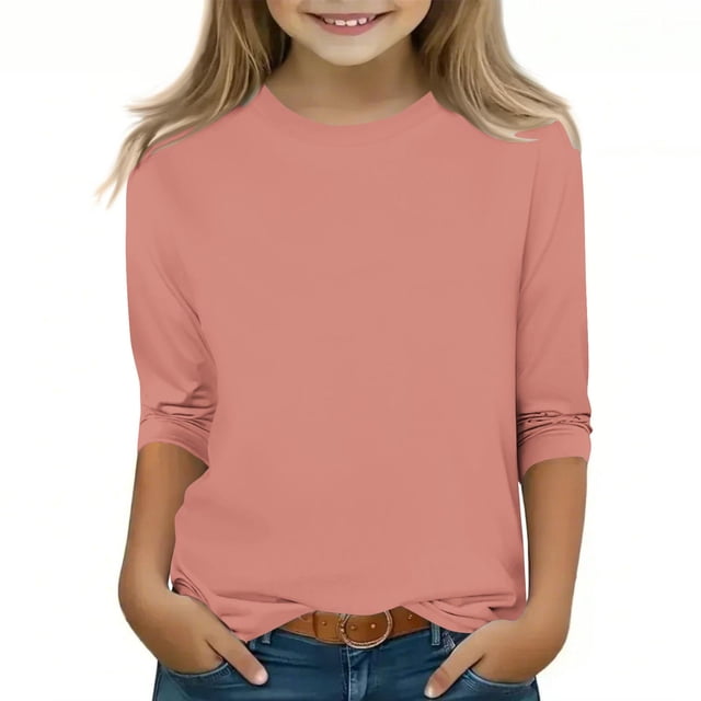 2025 Chemises Filles Manches 3/4 Mode Couleur Unie Col Rond Hauts Chemises Décontractées Rouge Melon D\'eau