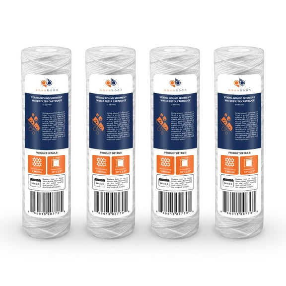 Aquaboon 1 Micron 10" x 2.5" String Wound Sediment Water Filter Cartridge | Universal Replacement for Any 10 inch RO Unit | Compatible with WFPFC4002, CW-F, PFC4002, 4-Pack