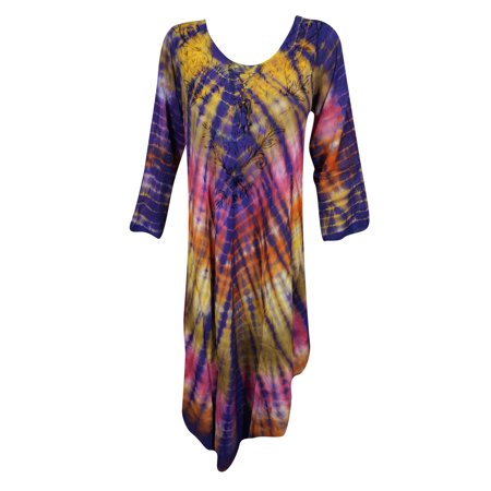 Hippie Caftan (Mogul Womens Hippie Tie Dye Embroidered Caftan Dress Boho Chic Long Colorful Rayon Beach Music Festival Fall Dresses)