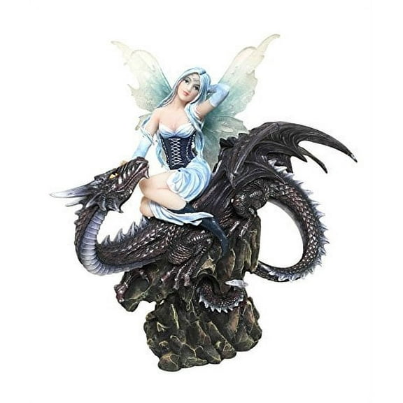 Large 13" Tall Blue Ice Frozen Lair Fairy With Black Skull Dragon Figurine