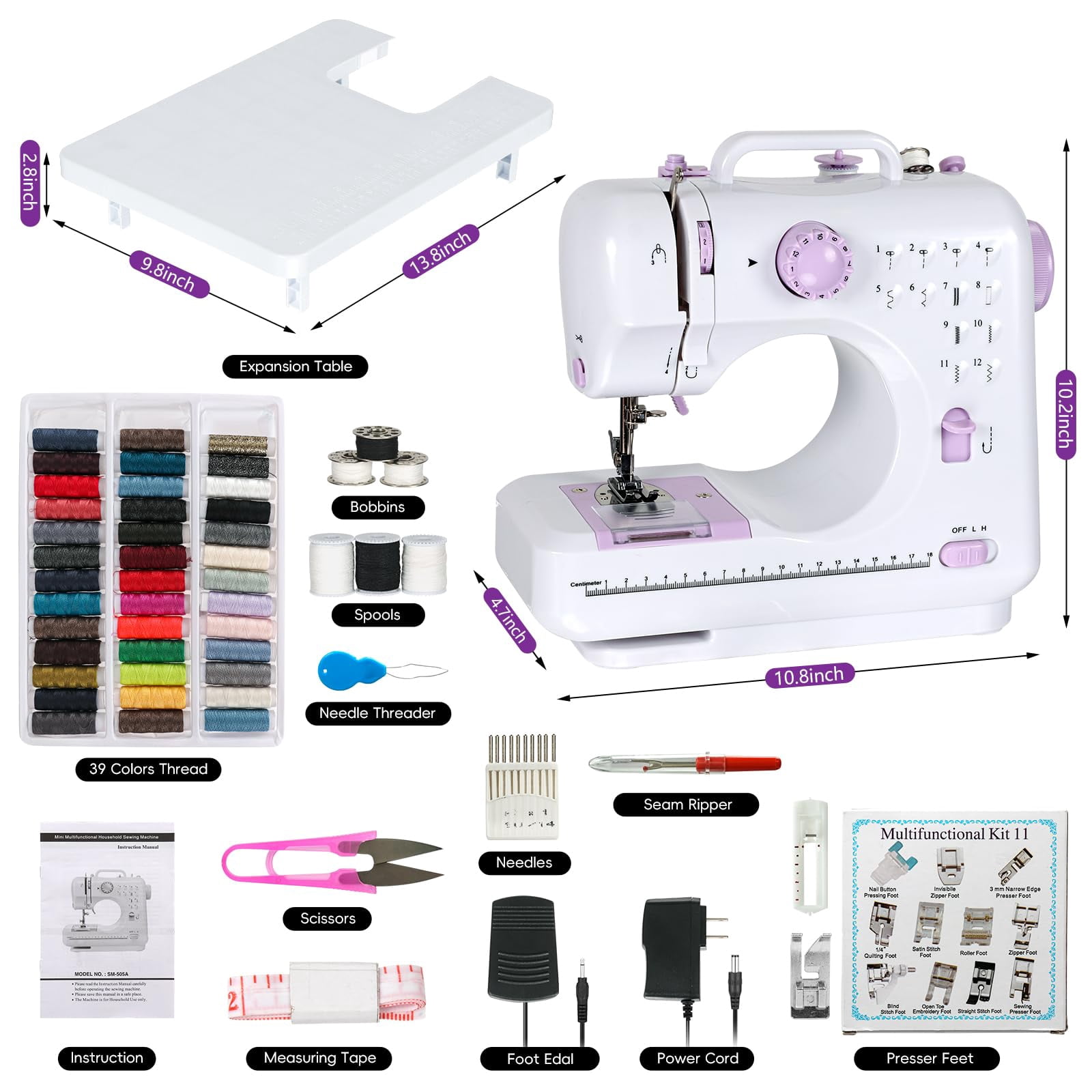 Sewing Machine for Beginners, Mini Sewing Machine Built-in 12 Stitches, 13 Replaceable Presser Feet, Extension Table, Light, Reverse Sewing, 2 Speed Foot Pedal, Portable Sewing Kit