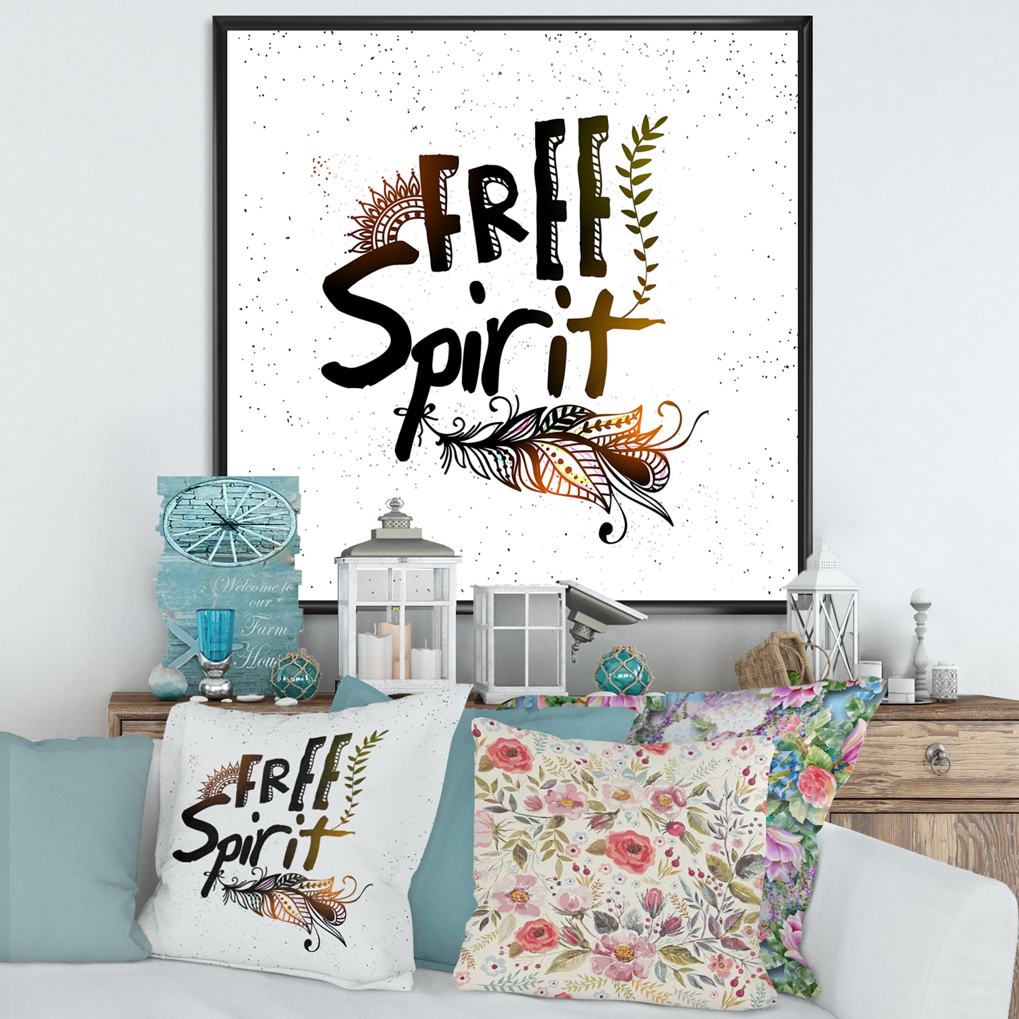 Designart 'Free Spirit Ethnic Feather' Bohemian & Eclectic Framed Canvas Wall Art Print