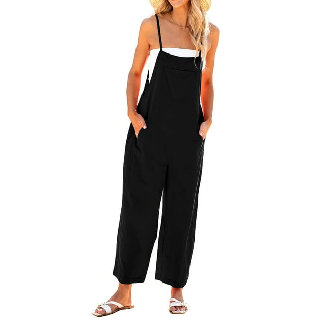 Staron Spring Summer Jumpsuits for Women Casual Sleeveless Belted High Waist Long Pants Rompers Solid Color Fashion One Piece, Black L