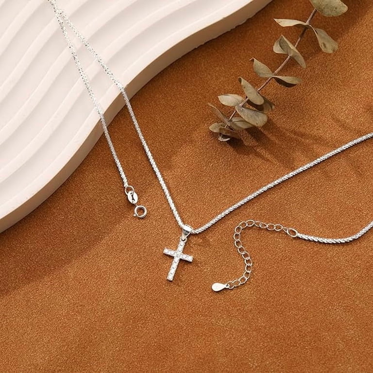 925 Sterling Silver Sparkly Cross Necklace for Women Dainty