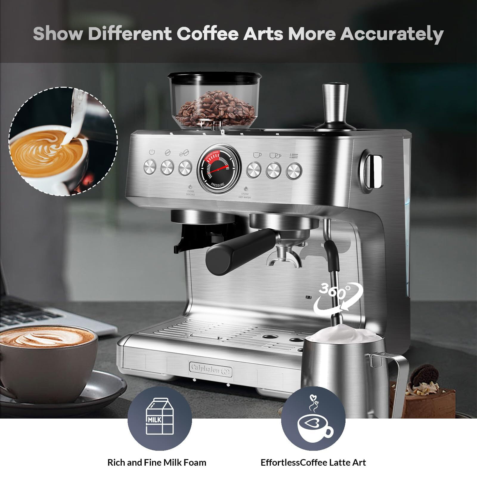 20 Bar Espresso Machine,Professional Coffee Machine with 96 Oz Removable Water Tank for Cappuccino Latte, Espresso Maker with Grinder and Milk Frother Steam Wand,Slivery