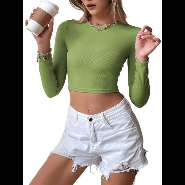 Top Corto de Punto Acanalado de Larga con Espalda Descubierta para Mujer, Corte Ajustado, Cuello Redondo, Espalda y Abertura. Verde L