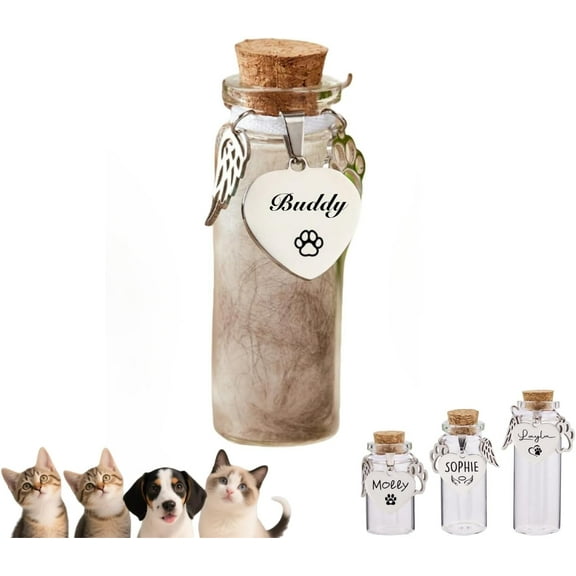 Personalized Pet Hair Keepsake Jar Glass Bottle for Pet Fur Memorial Custom,Dog Memorial Urn with Engravable Pendant Cat Hair Ashes Loss of Pet Gifts Rainbow Bridge Gift Airtight Fur Storage