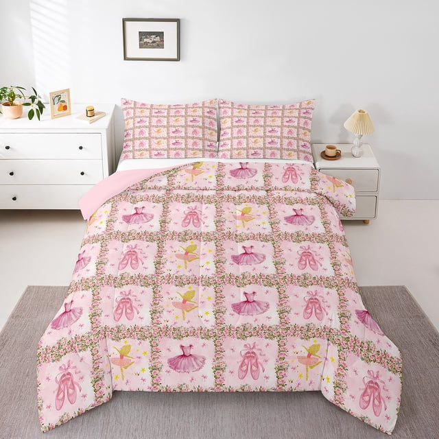 Erosebridal Dance Ballet Bedding King Comforter Set,Geometric Plaid Bedding Sets King with Comforter,Microfiber Reversible Comforter Sets King Size,Floral Decor,3pcs