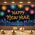 thumbnail image 3 of Golden Glitter Happy New Year Banner Colorful Fireworks New Year Display City Skyline Dark Background Festive Backdrop for New Year Party Holiday Celebration New Year Eve Event, 3 of 9