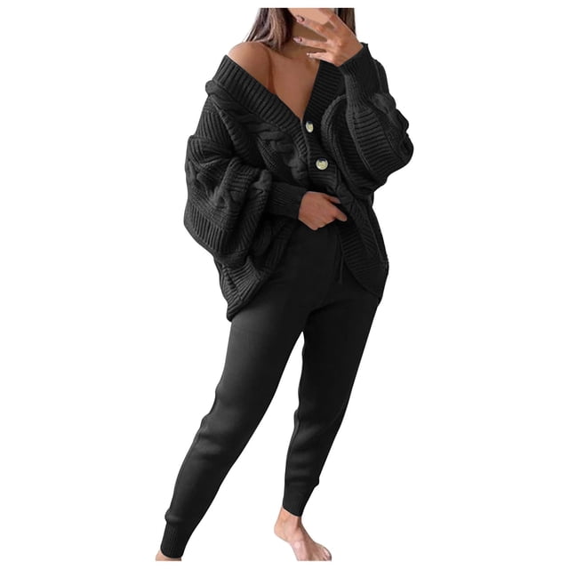 Besolor Womens 2 Piece Outfits Knit Sweater Sets Oversized Button down Cardigan and Slim Long Pants Matching Lounge Set
