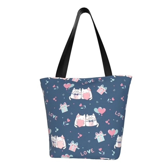 TEQUAN Reusable Shoulder Tote Bags, Kawaii Pastel Cats Prints Polyester Casual Shopping Grocery Bag for Women