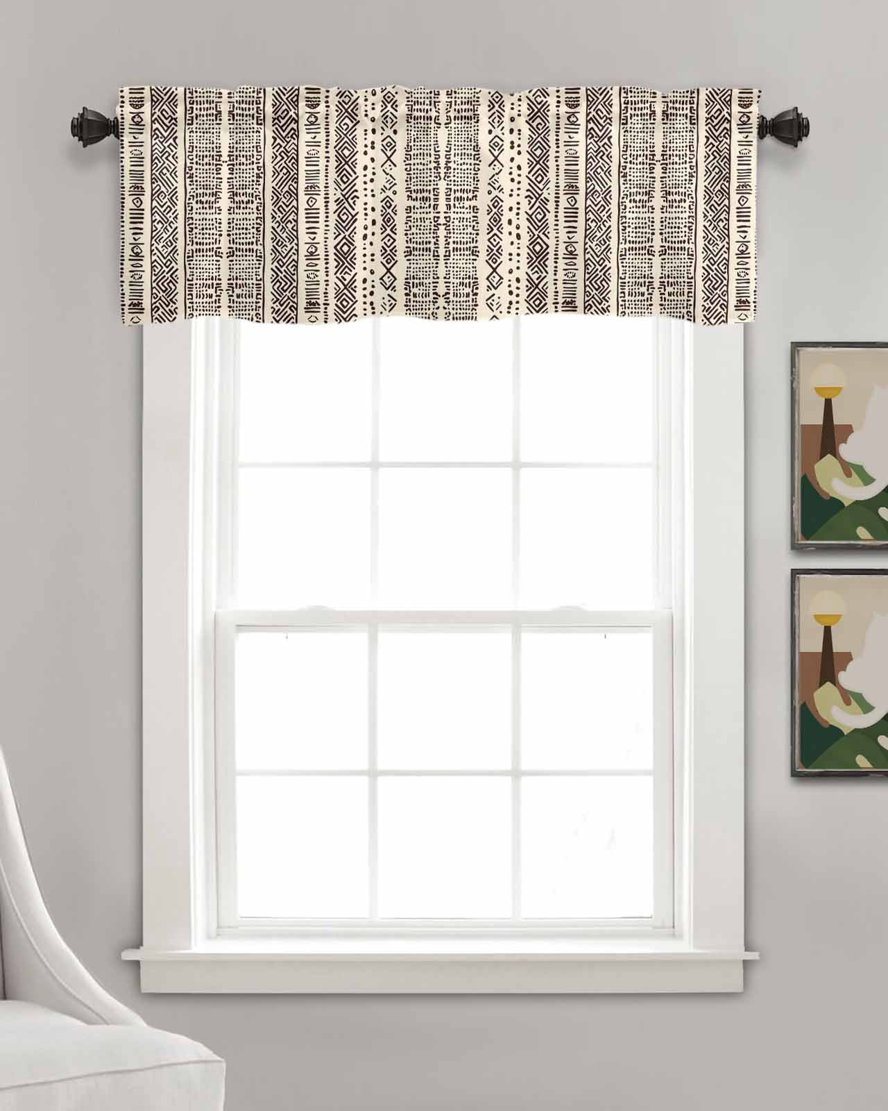 Vintage Boho Kitchen Valances for Windows Farmhouse Linen Window Valance Curtain for Living Room Window Treatment Abstract Retro Geometric Striped Beige Valance Rod Pocket Topper Drape, 60 x 18 Inch