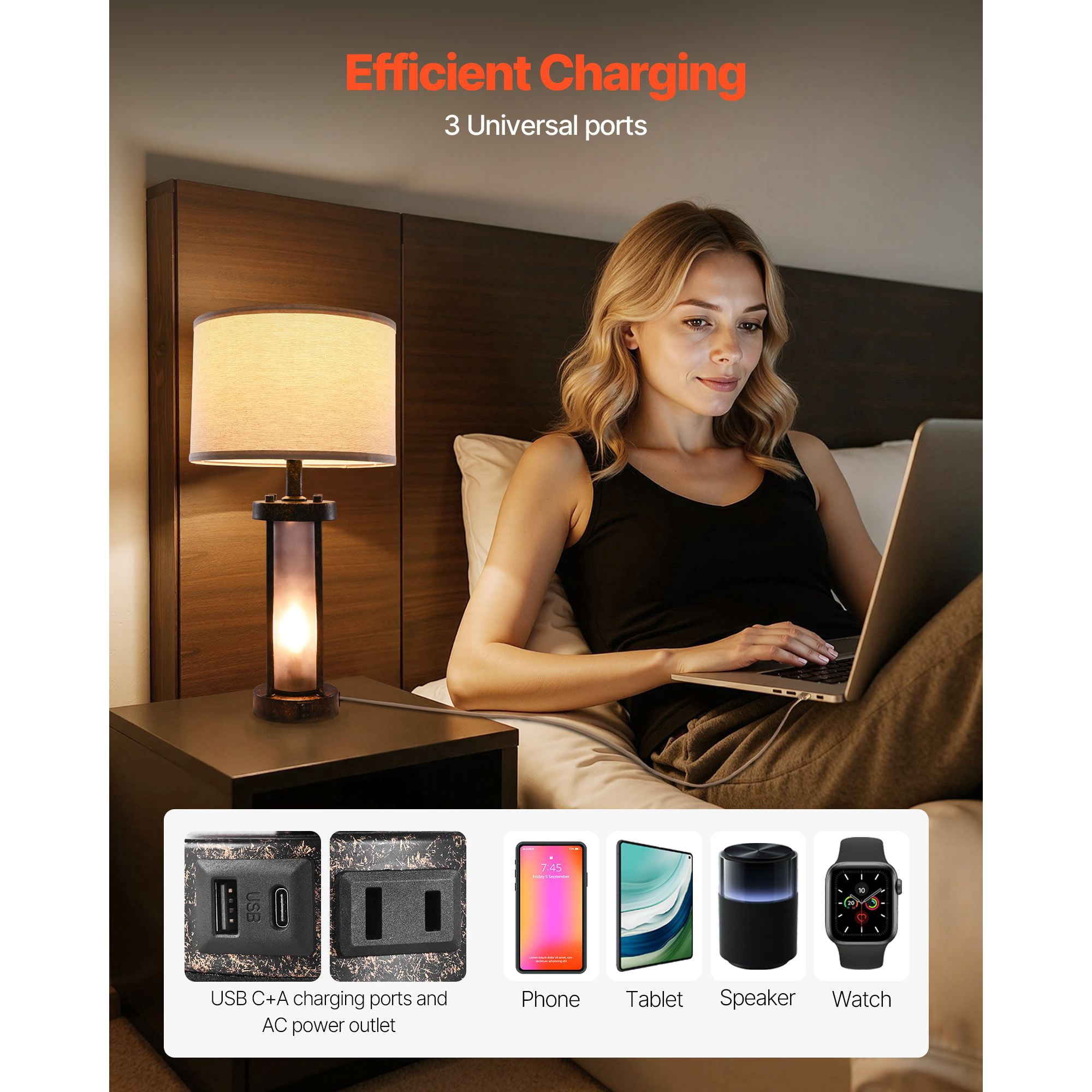 Vintage Table Lamp with Dual Light Sources, USB-A, USB-C & AC Charging Ports, Dimmable, for Bedroom Living Room
