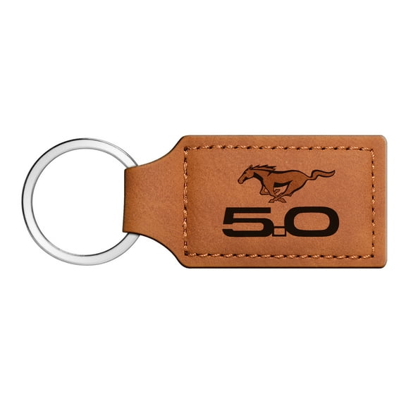 iPick Image for Ford Mustang GT 5.0 Rectangular Brown Leather Key Chain, Official Licensed
