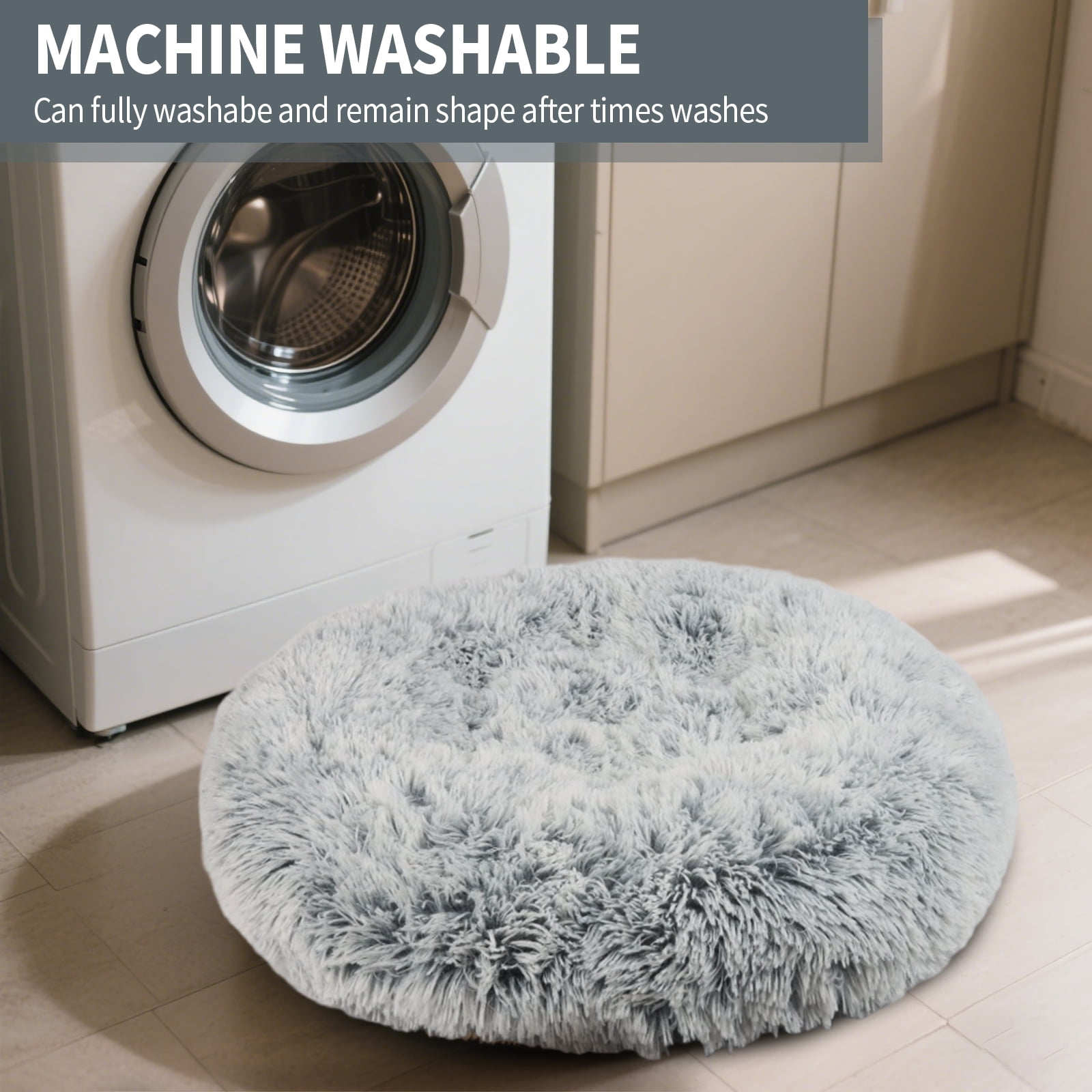 Katieovy Dog Bed for Large Dogs,Fluffy Calming Donut Dog Beds,28 inch Washable Plush Round Dog Mat with Non-Slip Bottom,Gray
