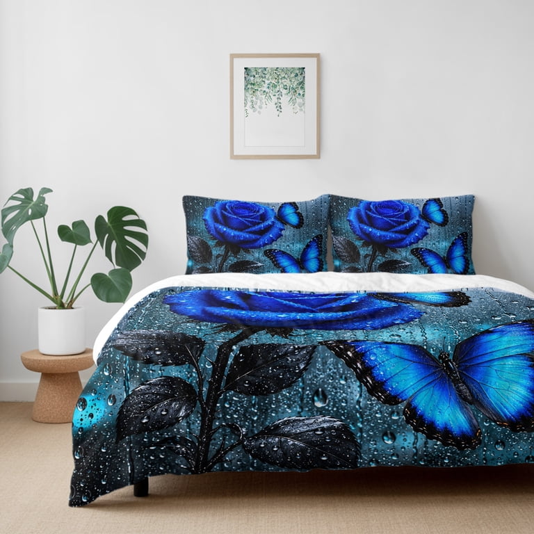 Romantic Full Duvet Cover Set, Blue Rose Blossom Butterfly Glass Water ...