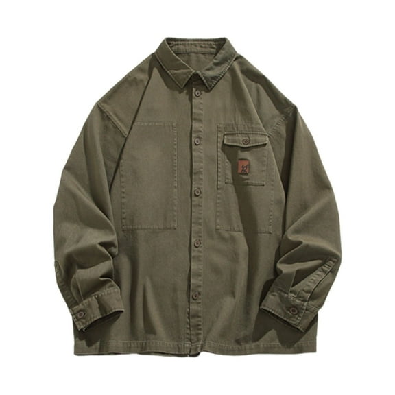 WREESH Men's Button Down Shirt Casual Fashion Turn-Down Collar with Pockets Long Sleeve Solid Color Work Shirt for Men Olive Green