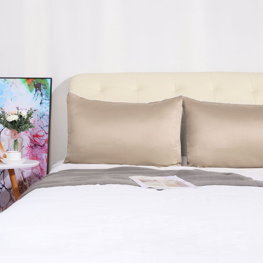 Unique Bargains Silky Satin Pillow Cases Covers Set of 2 Light Tan King