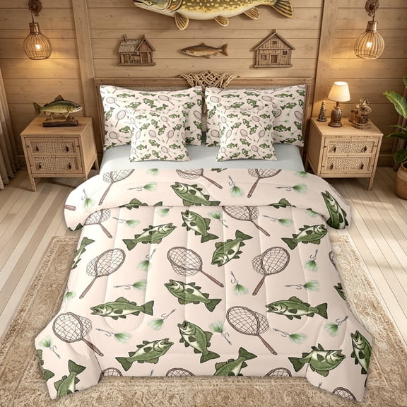 Feelyou Rustic Fishing Twin Bedding Sets for Kids, Farmhouse Marine Animal Bedding Comforter Set, Fresh Lake, Grey Reversible, 7pcs