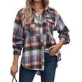 thumbnail image 3 of Xuanfei Women Plaid Lapel Collar Button Down Long Sleeve Mid-Length Shirt Top, 3 of 6