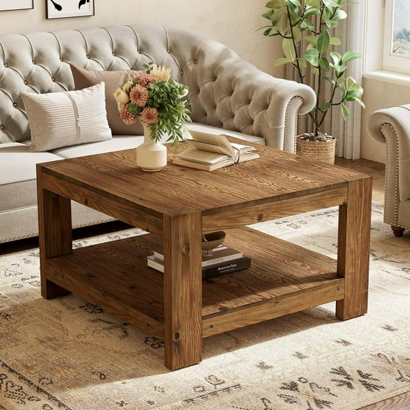 Tribesigns 31.5" Solid Wood Square Coffee Table, 2-Tier Farmhouse Accent Tea Cocktail Table with Storage Shelf, Center Table for Living Room