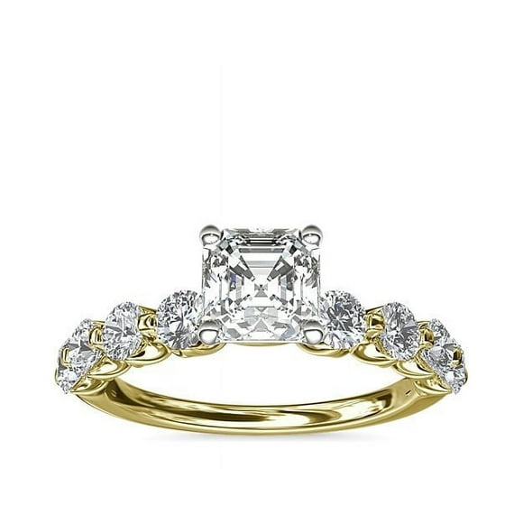 1.00 Ct Brilliant Asscher Cut Natural Diamond Asscher Solitaire with Accents Engagement Ring for her Solid 18K Yellow Gold Size 5.5