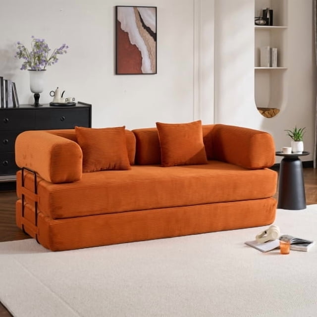 Sofa cama convertible con almohada cilíndrica, sofá de colchón plegable de corduro con marco de forma fija, sofá de pie para salón y dormitorio (naranja)