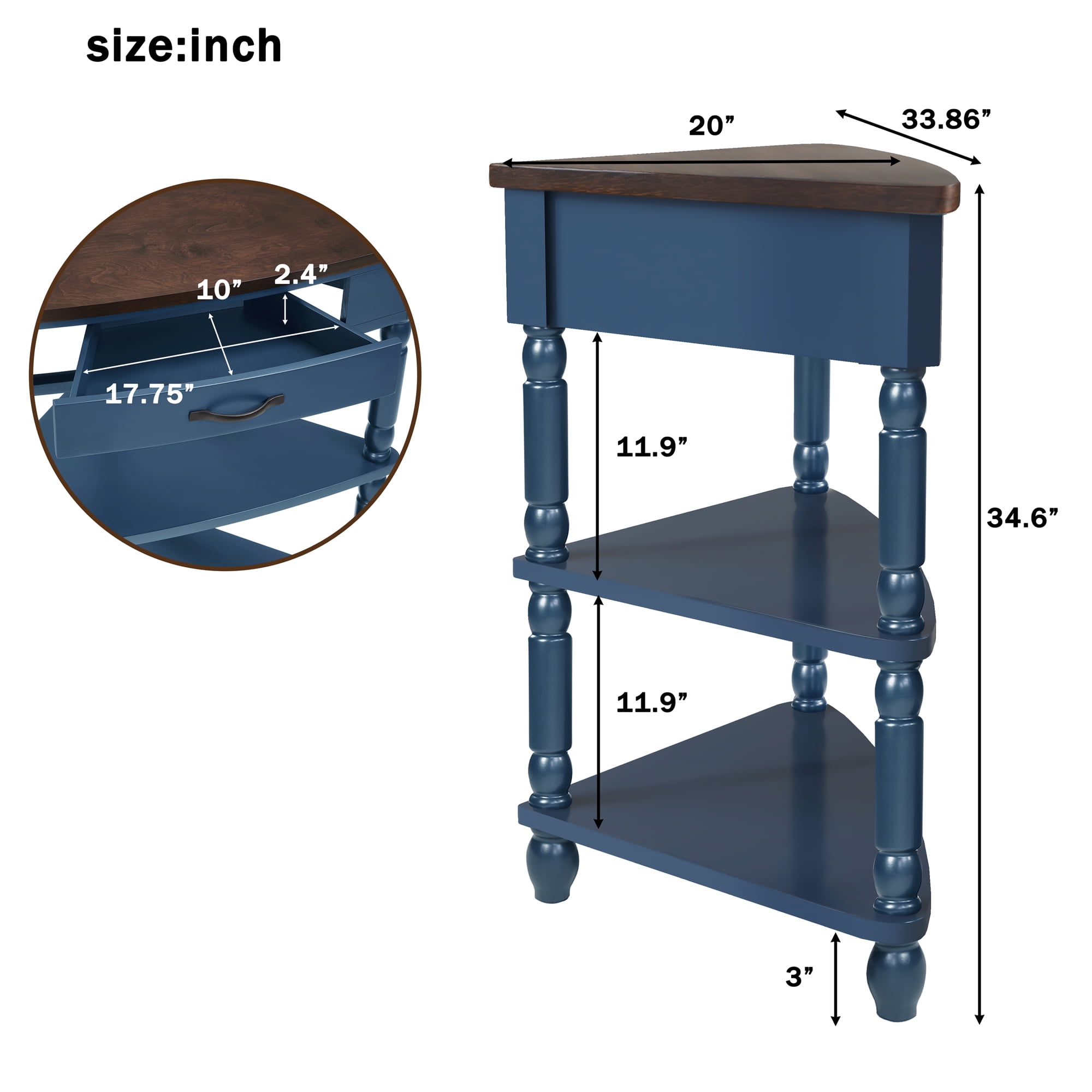 3-Tier Corner Stand, 34"Wood Corner Table with Open Shelves and Drawer, Space Saving Storage Organizer, Display Shelf for Living Room,Kitchen,Bathroom