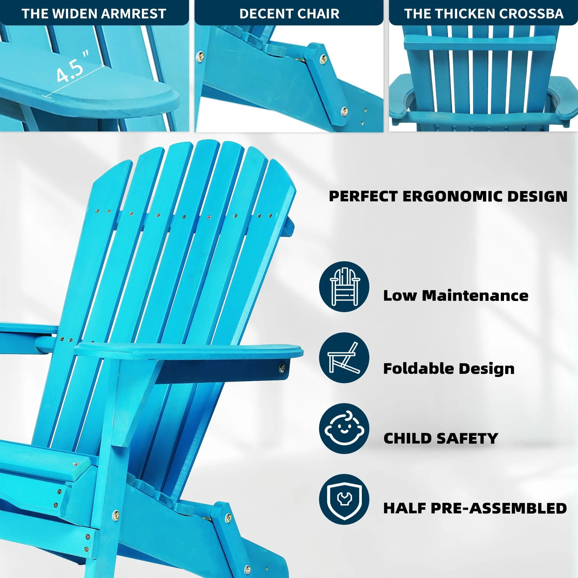 uhomepro Outdoor Adirondack Chairs Set of 2, Folding Fire Pit Chair, Weather Resistant Patio Lawn Chair for Outside Deck Garden Backyard Balcony, Blue