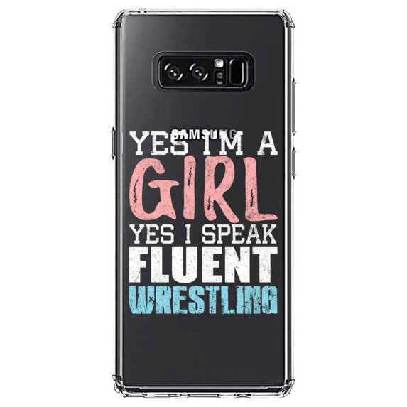 DistinctInk Clear Shockproof Hybrid Case for Samsung Galaxy Note 8 - TPU Bumper Acrylic Back Tempered Glass Screen Protector - Yes I'm a Girl Yes I Speak Fluent Wrestling