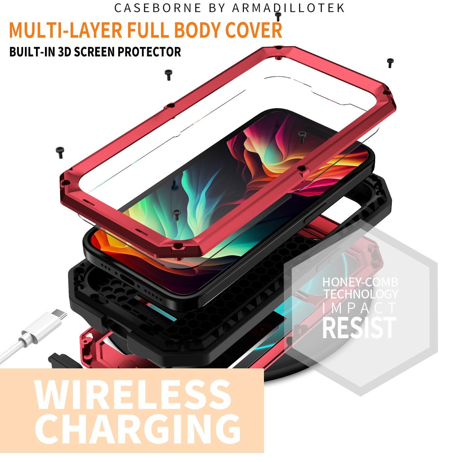 Heavy Duty Rugged Case for iPhone 15 Pro Max with Camera Lens Sliding Kickstand, Triple-Layer Military Grade Metal Frame Shockproof Cover with Screen Protector Dustproof Protective Case,Red