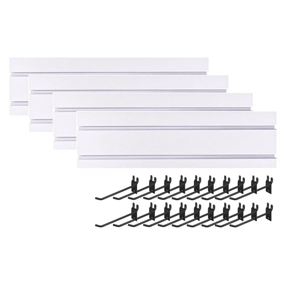 JINMLBO 4 Pieces Slatwall Panel, Garage Wall Mounted PVC Slat Wall Rack, Interlocking Craft Storage Organization PVC Slat with 20 Hooks(White,15.5x60cm)