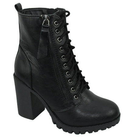 Malia Black Soda Riding Booties Women Chunky High Heel Combat Ankle Boots Army