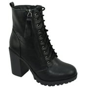 Malia Black Soda Riding Booties Women Chunky High Heel Combat Ankle Boots Army Military