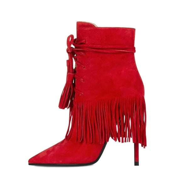 YDN Women Chic Western Cowgirl Tassel Lace Up Ankle Boots Stiletto High Heel Booties Side Zip Party Shoes Size 7 Red