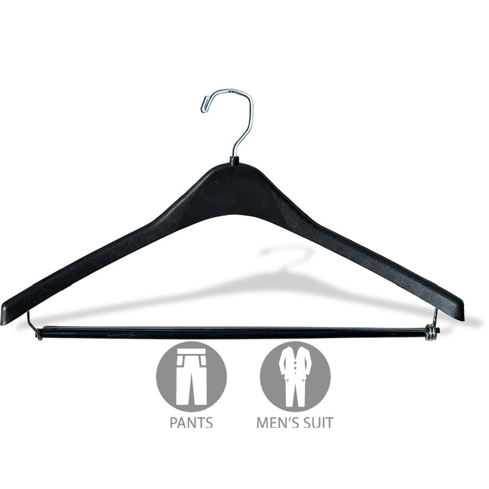The Great American Hanger Company Heavy-Duty Black Plastic Coat Hanger with Locking Pant Bar, Box of 100 1/2 Inch Thick Countoured Hangers with Chrome