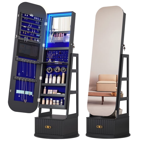 VKCC 360 Swivel Jewelry Armoire Organizers with Full Length Mirror,Standing Jewelry Cabinet with Drawer,Black