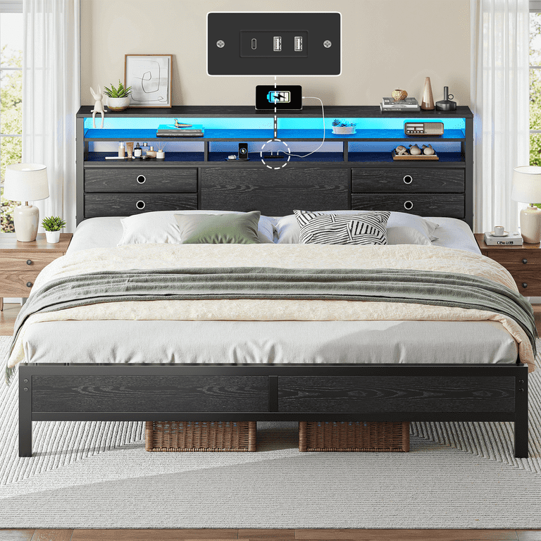 EnHomee King Metal Bed Frame with Storage, LED Light & Charging photo 1
