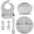thumbnail image 1 of HSHDLDF Set of 6 Baby Feeding Set, Silicone Tableware Food Grade Infant Dinnerware BPA Free Led Weaning Supplies, Non-Slip Self Utensils Suction Bowls＆Adjustable Bib for Toddlers Kids (Light Gray), 1 of 7